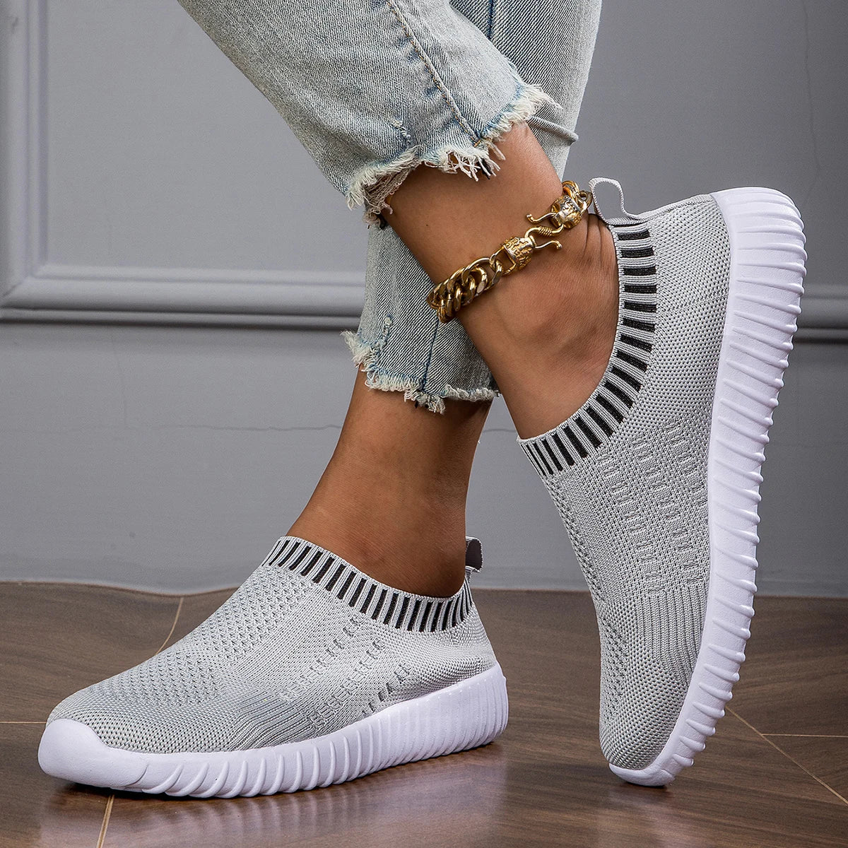 Women's Breathable Knit Sneakers, Casual Lace Up Outdoor Shoes, Lightweight Mesh Low Top Shoes