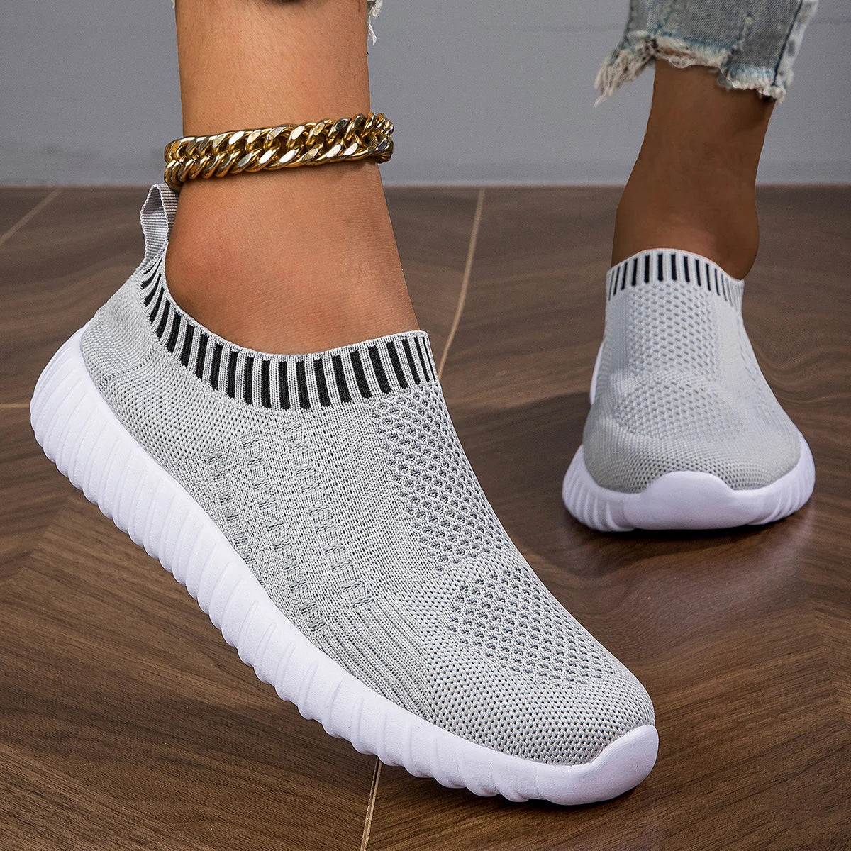 Women's Breathable Knit Sneakers, Casual Lace Up Outdoor Shoes, Lightweight Mesh Low Top Shoes
